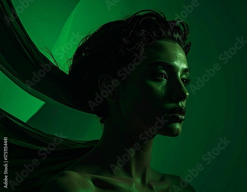 Dramatic Portrait Background Dark Wallpaper Solid Mood 3D Render View, creating Mysterious Green Lighting 85mm Cinematic Abstract