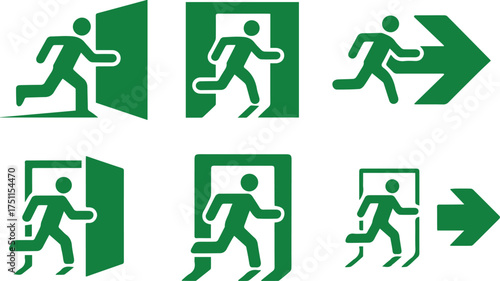 Green Evacuation Exit Sign Set, Fire Exit Direction Icons, Emergency Safe Route, Safety Arrow Symbols