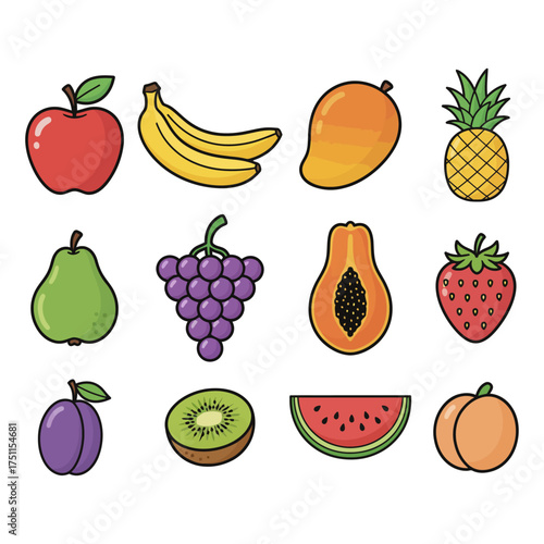 Colorful Cartoon Fruit Icons Collection Isolated on White Background