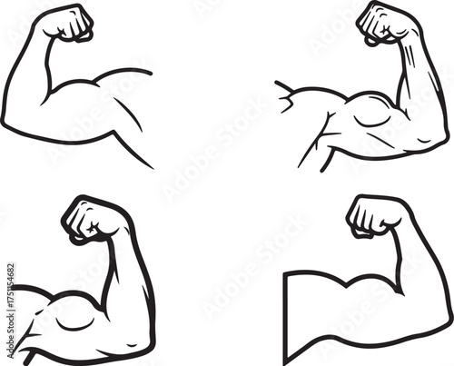 Biceps Arm Muscle Outline Vector Set: Flexing Strength, Bodybuilding, and Fitness Icons