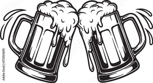 Vintage Engraving Clinking Beer Mugs Vector: Detailed Cheers, Bar, and Brewery Illustration