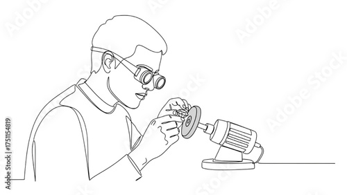 Minimalist One-Line Illustration of a Jeweler Polishing a Gemstone on Motorized Polishing Tool – Elegant Black Line Art Symbolizing Perfection, Patience, and Skilled Craftsmanship