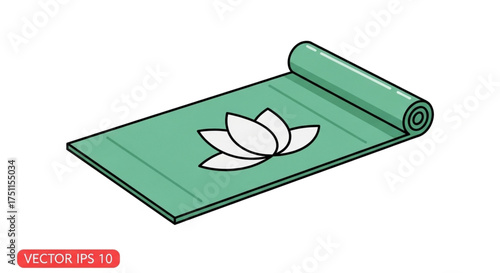 Illustration of a green yoga mat with a lotus flower, promoting wellness, relaxation, and mindfulness