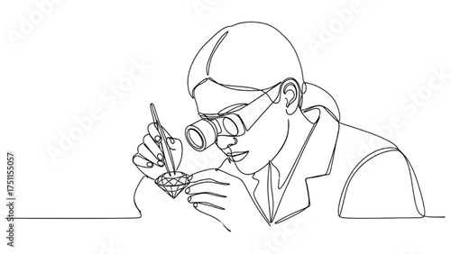One-Line Minimalist Illustration of a Gemologist Examining a Gemstone with a Magnifying Loupe – Clean Black Line Art Symbolizing Precision, Quality Control, and Gem Authentication