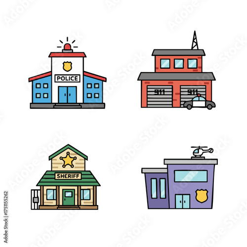 Set of Police and Fire Station Buildings Vector Icons