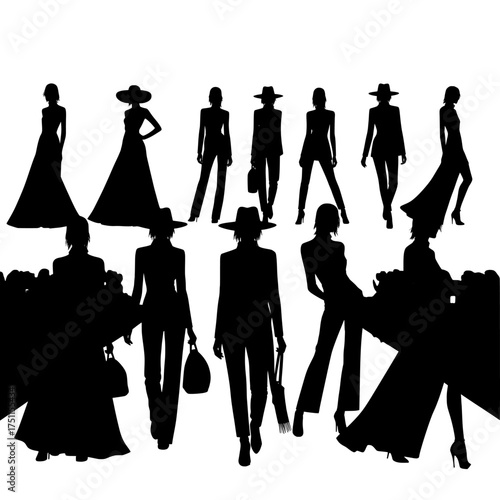 Diverse silhouettes of elegant fashion models in stylish attire and hats walking on a runway during a glamorous fashion show event