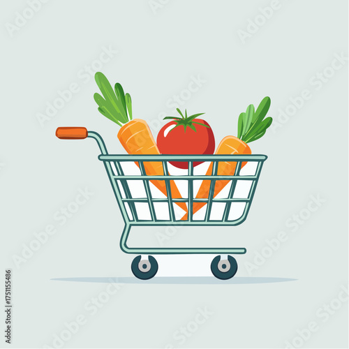 Illustrative Shopping Cart Depicting Fresh Vegetables: Carrots and Tomato, Isolated on Background
