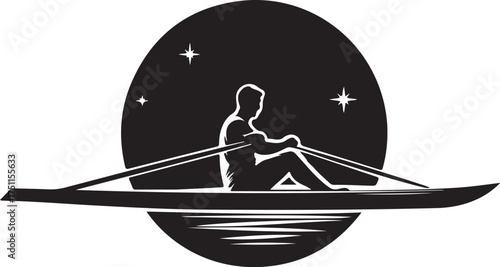 Silhouette of a man rowing a boat on the water under the starry sky vector illustration
