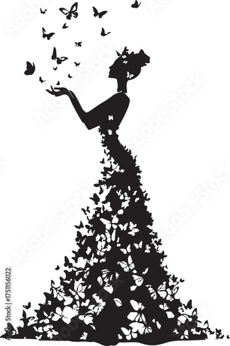 Elegant woman silhouette with butterfly dress vector illustration 