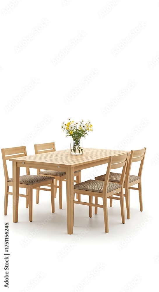 Fototapeta premium Elegant Wooden Dining Set with Floral Centerpiece for Home Decor.