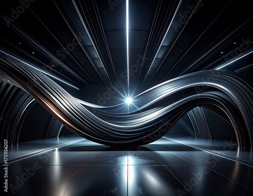 Futuristic Mood Wide Studio Wallpaper Lighting Abstract Dark establishing Background Photorealistic Perspective, Energetic Angle