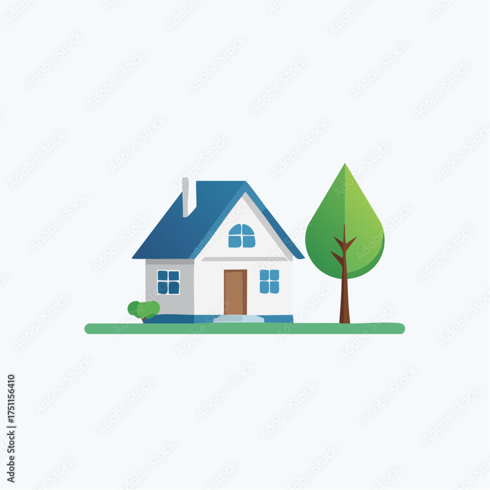 Fototapeta premium Minimalist House Illustration with Tree and Green Lawn Representing Residential Property