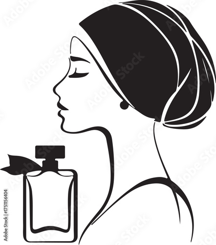 Elegant woman with turban and perfume bottle silhouette vector illustration