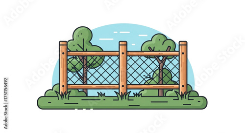 Illustration of wooden fence with trees and grass in a park for garden design and outdoor landscape ideas