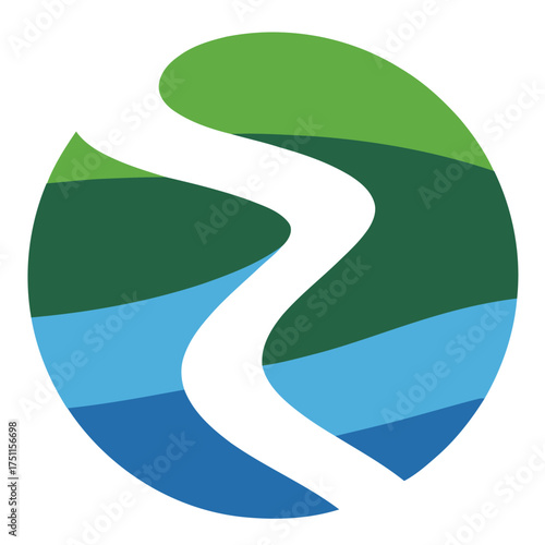Abstract Green Blue Landscape Circle Winding Path River Nature Logo Design