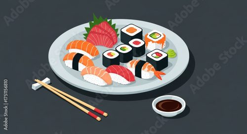 Delicious japanese sushi platter with nigiri maki and sashimi for asian food lovers and restaurant patrons