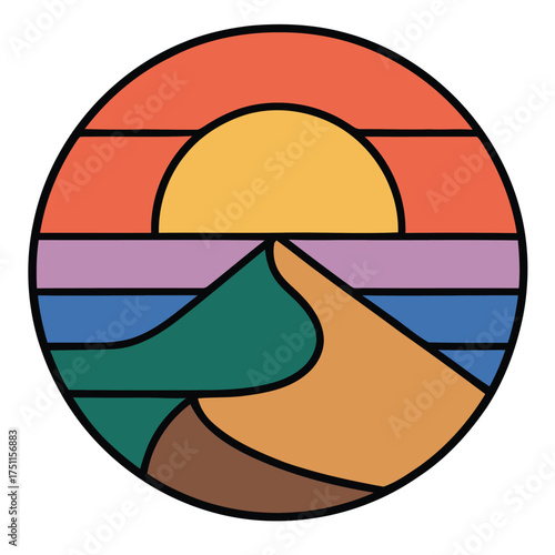 Colorful Desert Dunes Landscape Sunset Striped Circle Logo Vibrant Nature Vector Design