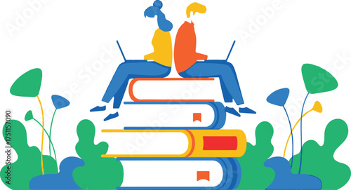 Abstract illustration of plant with leaves on a blue surface artistic design element