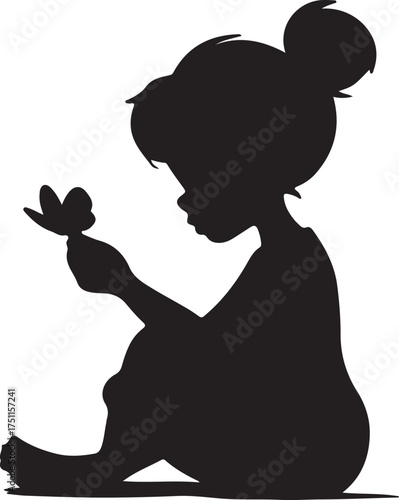 Silhouette of a little girl sitting with a butterfly vector illustration 
