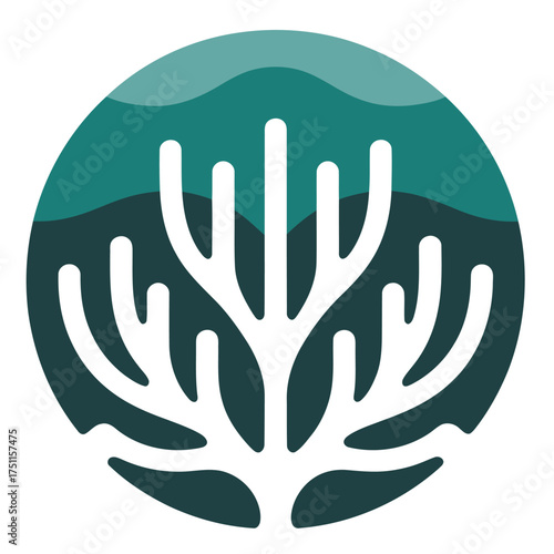 Stylized white coral reef in ocean water with mountains round design illustration