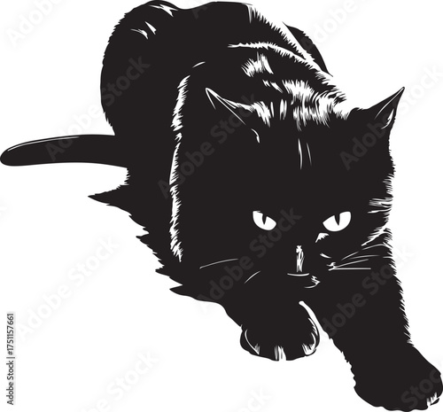 Black cat is crouching and ready to pounce  silhouette vector illustration 