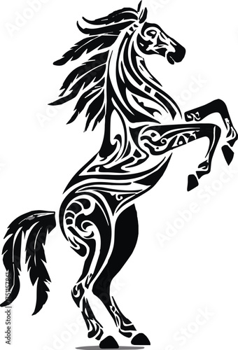 Elegant horse silhouette in black and white, standing on its hind legs vector  illustration 
