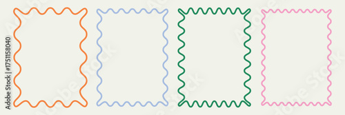 Cute wavy, groovy, colorful vector frames and borders for kids, Rectangle shapes with curvy squiggly doodle lines, fun text boxes. Zig zag wavy edge rectangle frame or border shapes set. EPS 10.