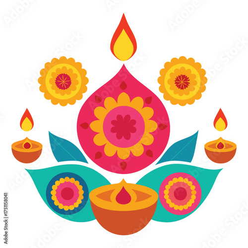Diwali Celebration with Glowing Diyas, Marigold Flowers, and Rangoli on White Background