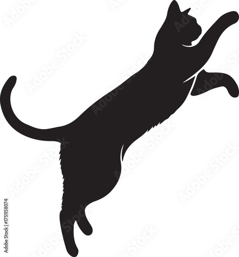 Silhouette of a black cat jumping and reaching up vector illustration 