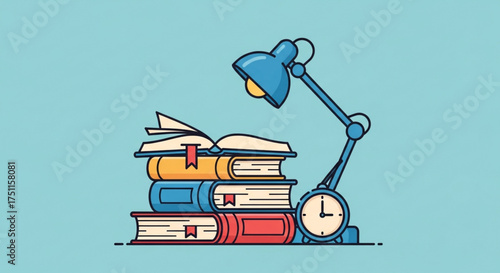 Books stack with lamp and clock vector illustration for study education and learning concept design idea