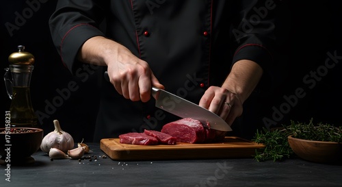 Chef preparing fresh raw meat on a wooden cutting board with garlic and herbs in a dark, moody setting