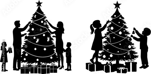 Family Decorating Christmas Tree Silhouette Vector