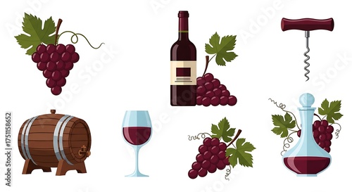 Wine Still Life - Grapes, Bottle, Glass, Barrel, and Corkscrew.