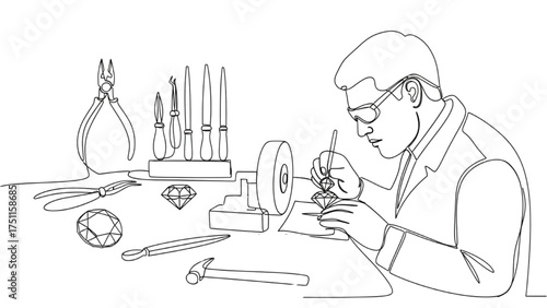 Continuous Line Drawing of a Jeweler at Workstation with Tools – Plier, Tweezer, and Polishing Wheel in Minimalist Black Outline Representing Gem Cutting and Jewelry Making