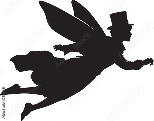 silhouette of a fairy man with top hat and wings vector illustration