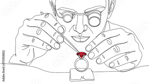 Continuous Line Art of a Craftsman Setting a Cut Gemstone into a Ring or Pendant – Minimalist Black Outline on White Background Representing Final Assembly in Jewelry Making