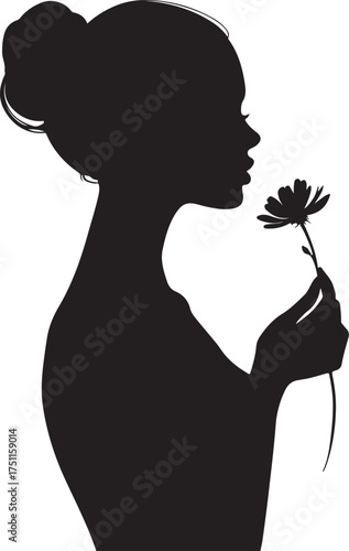 Silhouette of a woman smelling a flower vector  illustration