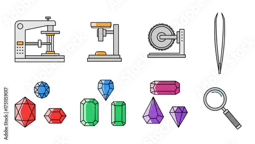 Minimalist Line Vector Icons of Gemstone Cutting and Jewelry Tools – Faceting Machine, Polishing Wheel, Tweezers, Magnifying Glass, and Gem Shapes in Black Outline