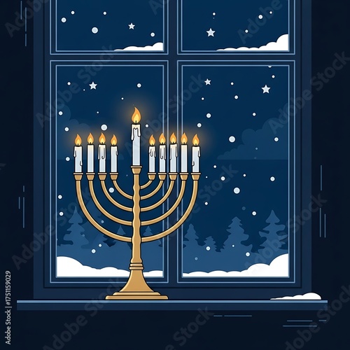 Hanukkah Menorah Lights Shining Brightly in Winter Window Scene.