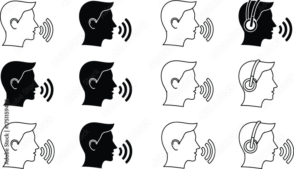 Fototapeta premium Human Head Profile Icons with Sound Waves illustration