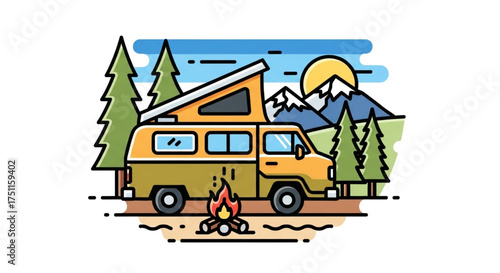 Retro campervan adventure travel in nature with mountains and campfire vector illustration for outdoor lifestyle