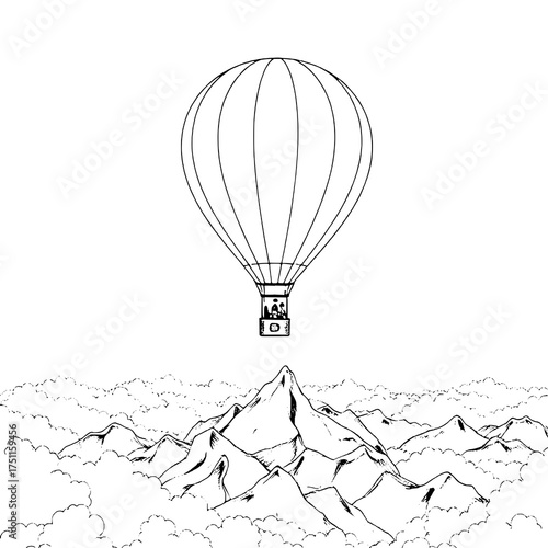 Black Outline Hot Air Balloon Floating Above a Jagged Mountain Range and Billowing Clouds, Minimalist Hand-Drawn Line Art on White Background with Silhouetted Figures