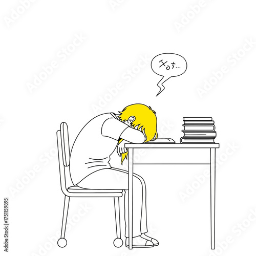 A tired student sleeps on a desk with books