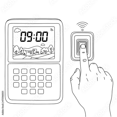 Digital clock displaying 0900 with a landscape scene and a hand pressing a wireless doorbell button
