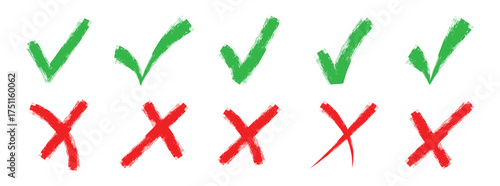Grunge brush stroke checkmarks with tick and cross symbols. Green and re grunge style Hand drawn tick and cross, x mark, yes no buttons. Vector illustration.