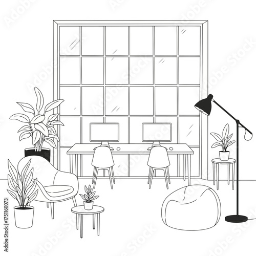 Modern office interior sketch with two workstations, comfortable seating, and large windows, creating a bright and productive workspace