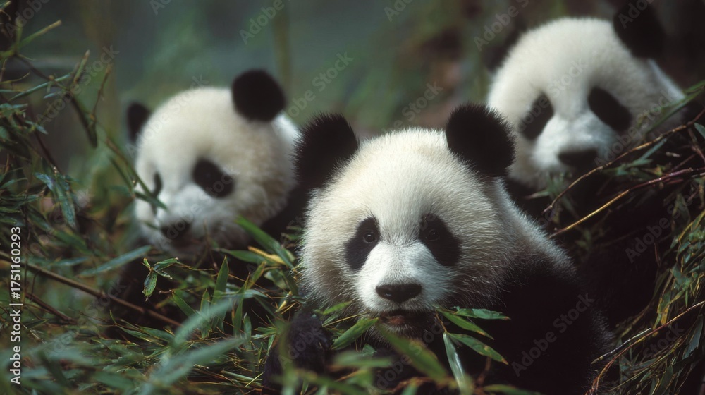 Fototapeta premium Three adorable giant pandas eating bamboo in their natural habitat.