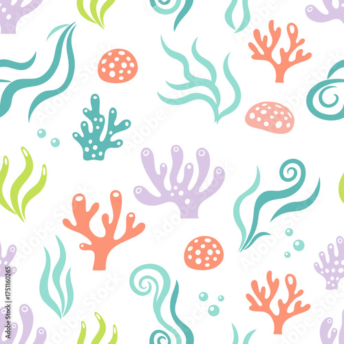 A seamless pattern featuring abstract seaweed and coral, with ocean plants and underwater marine flora, creating a cute, colorful, abstract background texture