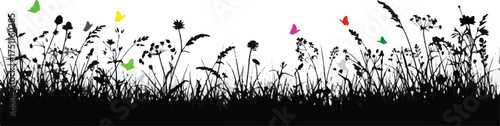 Monochrome Silhouette of Field with Flowers and Grass in a Serene Landscape Style