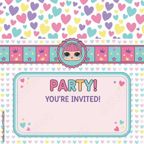 A bright abstract background featuring hearts, a cute abstract background with tiny hearts, a decorative banner in a girlish Lol surprise doll style, and an invitation card template